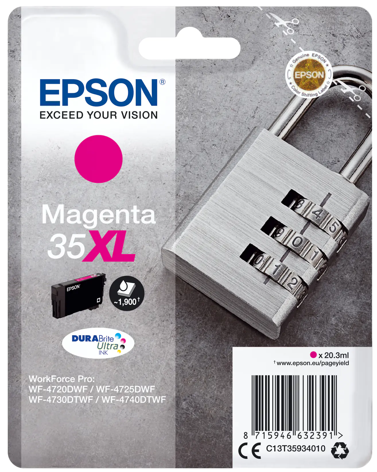 Epson 35XL - 20.3 ml - XL - Magenta - Original - Blisterverpackung - Tintenpatrone - für WorkForce Pro WF-4720, WF-4720DWF, WF-4725DWF, WF-4730, WF-4730DTWF, WF-4740, WF-4740DTWF Epson 35XL - 20.3 ml - XL - Magenta - Original - Blisterverpackung - Tintenpatrone - für WorkForce Pro WF-4720, WF-4720DWF, WF-4725DWF, WF-4730, WF-4730DTWF, WF-4740, WF-4740DTWF
