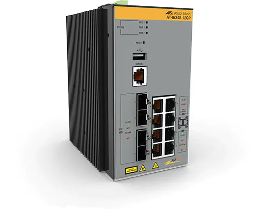 Allied Telesis AT IE340-12GP - Switch - L3 - managed - 8 x 10/100/1000 (PoE+) + 4 x 1000Base-X SFP - an DIN-Schiene montierbar, wandmontierbar - PoE+ (240 W) - DC-Stomversorgung