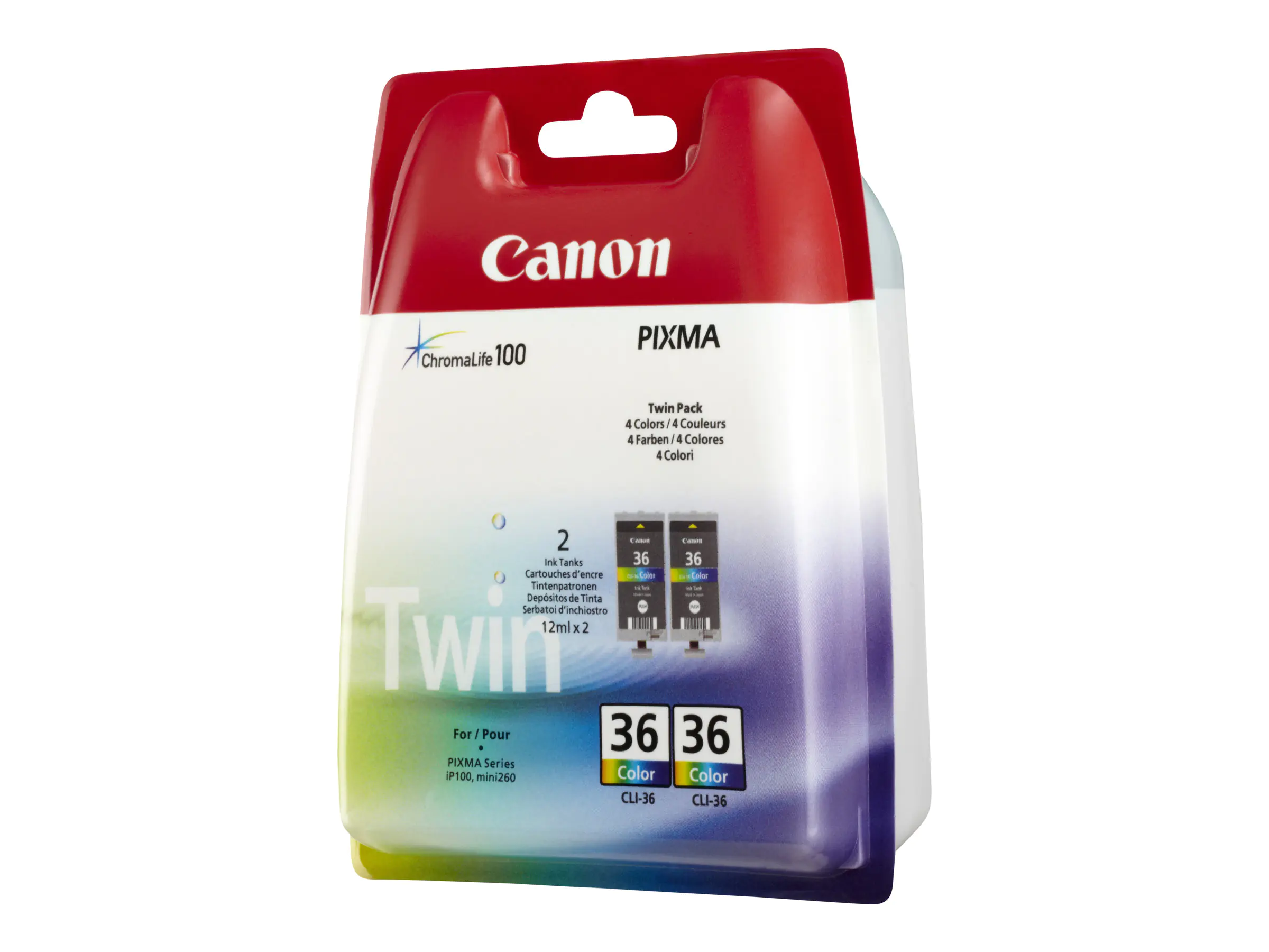 Canon CLI-36 Twin Pack - 2er-Pack - 12 ml - Farbe (Cyan, Magenta, Gelb) - Original - Blisterverpackung - Tintenbehälter - für PIXMA iP100, iP100wb, iP110, mini260, mini320, TR150