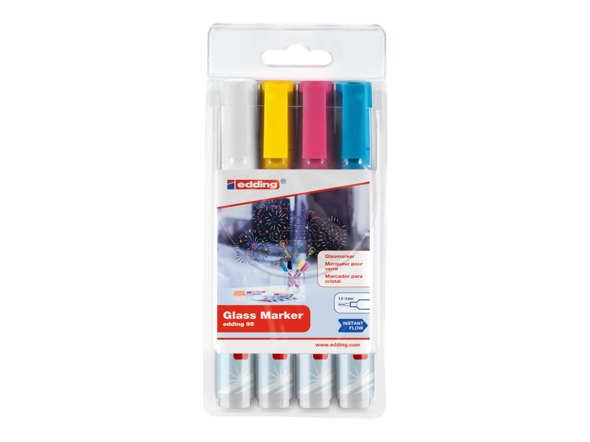 EDDING 95 - Marker - für Glas, Glasscheibe, Whiteboard - Weiß, Hellblau, rosa, Gelb - 1.5-3 mm (Packung mit 4) 954099