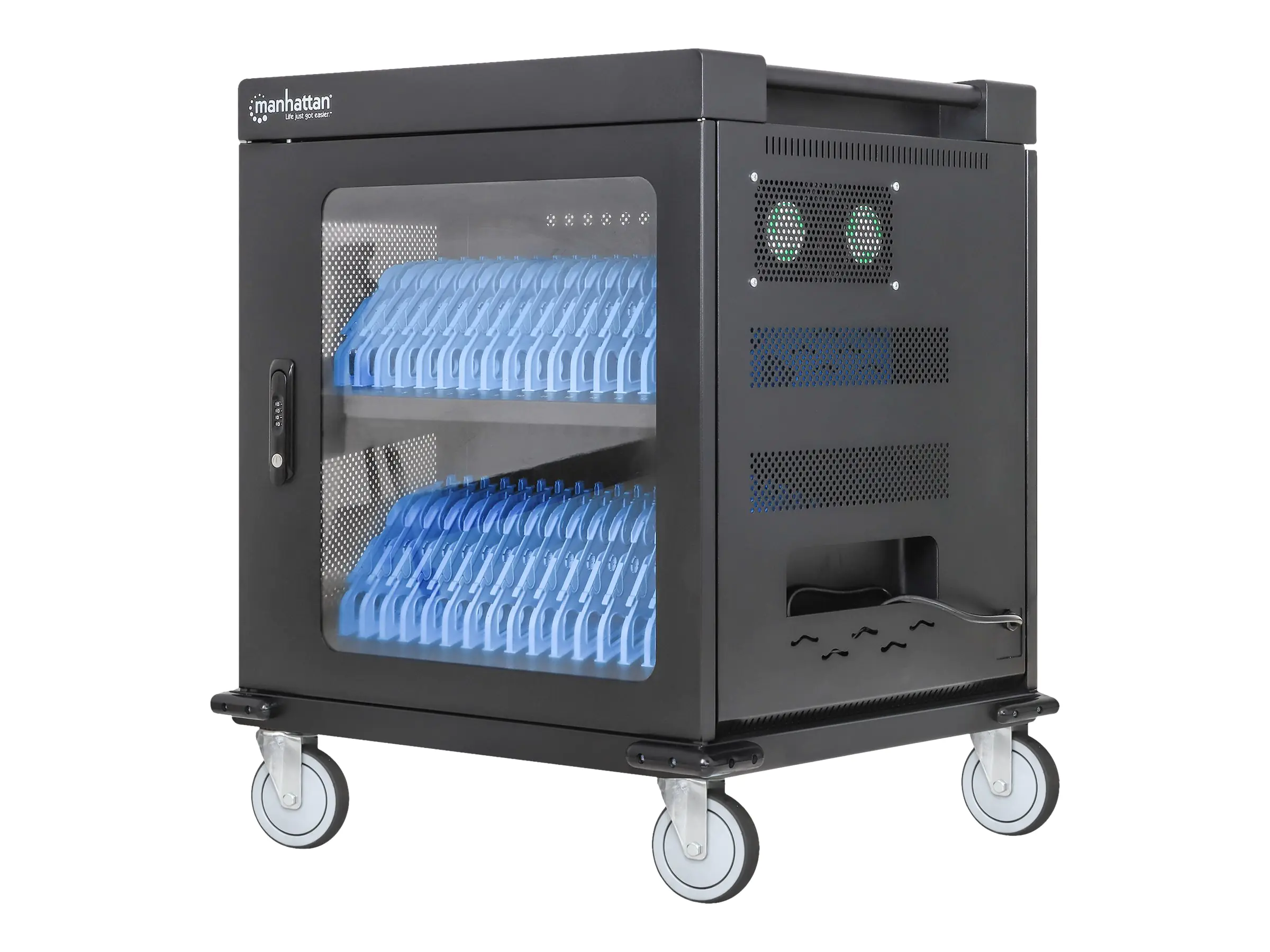 Manhattan Charging Cabinet/Cart via AC Adapter (EU) x32 Devices, Trolley, Using supplied AC Adapter (power cables) included with device, Suitable for iPads/other tablets/phones/laptops (up to 15.6"), Bays 380x30x280mm, Lockable, EU 2-pin Plug - Wagen (nur