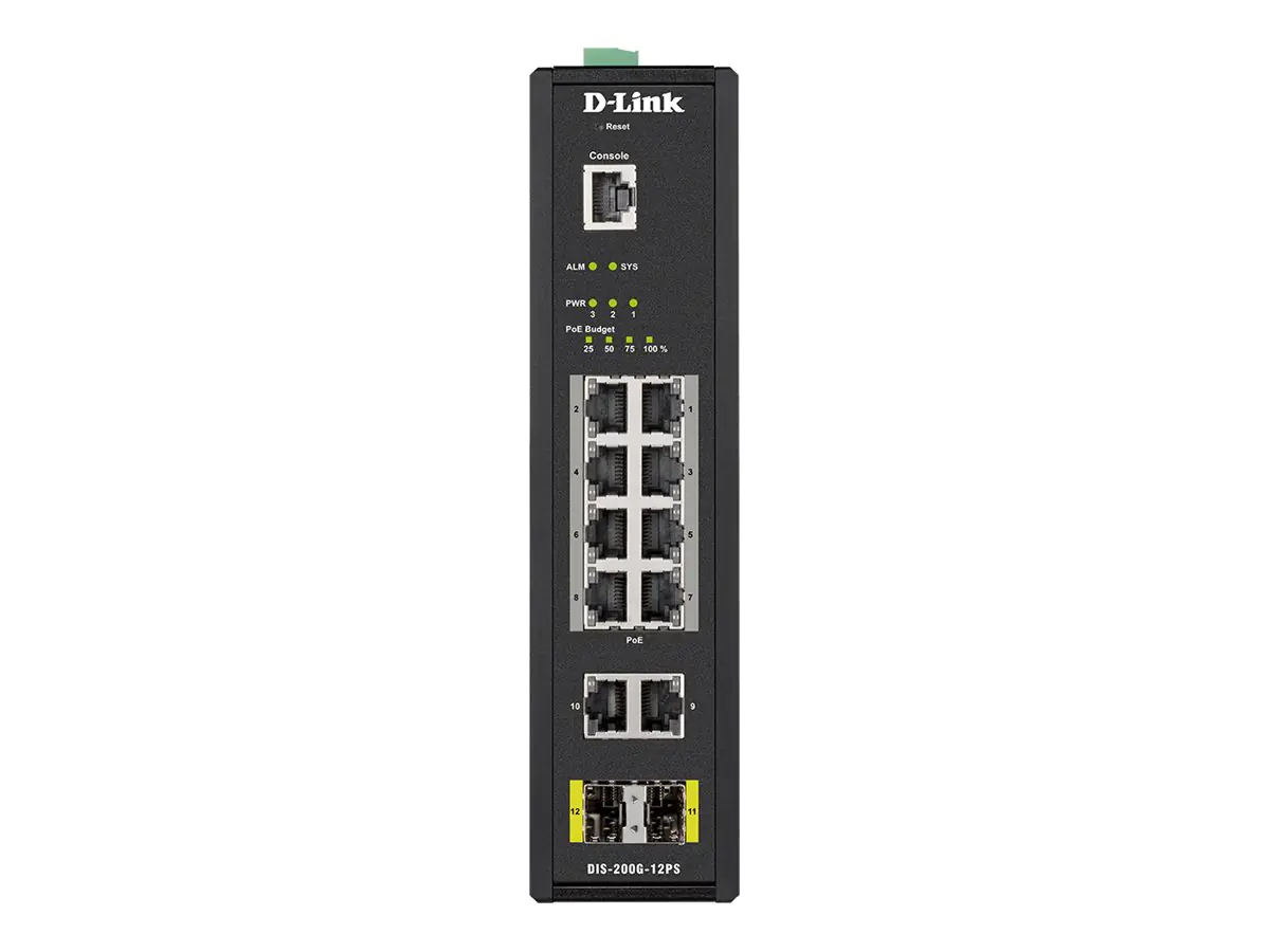 D-Link DIS 200G-12PS - Switch - managed - 10 x 10/100/1000 (8 PoE+) + 2 x SFP - an DIN-Schiene montierbar, wandmontierbar - PoE+ (240 W) - AC 120/230 V/DC 46 - 54 V