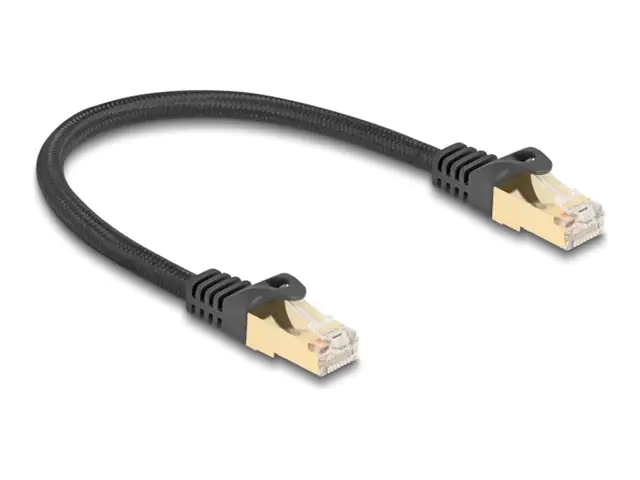 Delock - Patch-Kabel - RJ-45 (M) zu RJ-45 (M) - 25 cm - 7 mm - S/FTP - CAT 6a - geformt, ohne Haken, Gewebebeschichtung - Schwarz