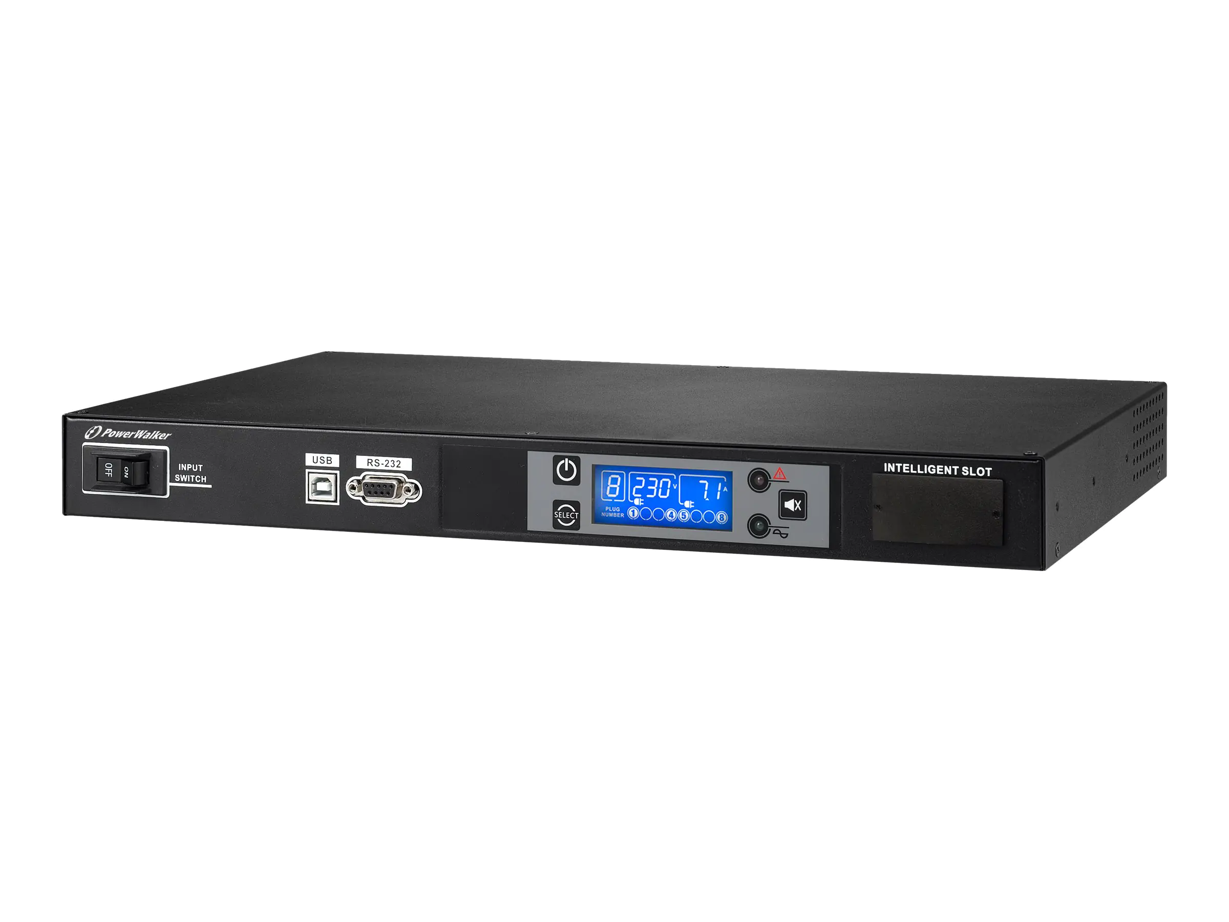 PowerWalker PDU RC-16A - Stromverteilungseinheit (Rack - einbaufähig) - Wechselstrom 220/230/240 V - 3680 VA - RS-232, USB - Eingabe, Eingang IEC 60320 C20 16A - Ausgangsanschlüsse: 8 (IEC 60320 C13) - 1U - Schwarz