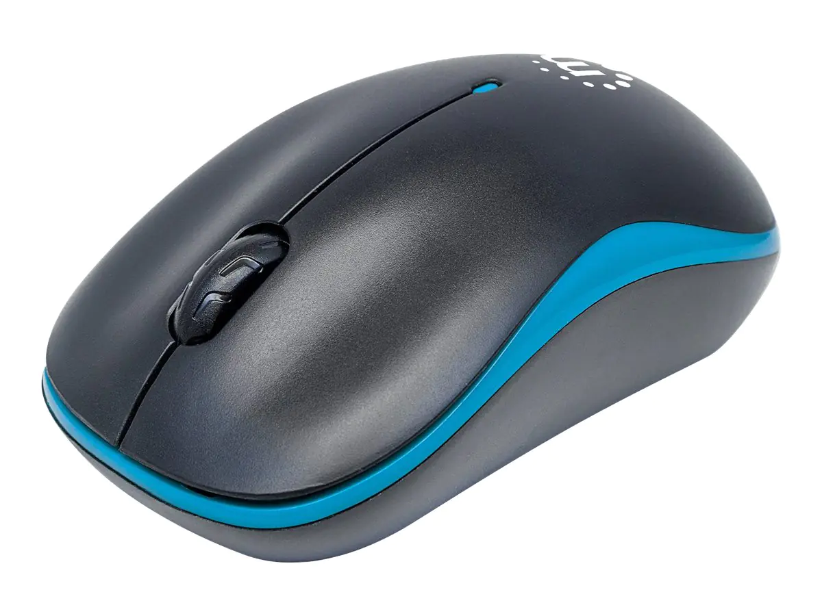 Manhattan Success Wireless Mouse, Black/Blue, 1000dpi, 2.4Ghz (up to 10m), USB, Optical, Three Button with Scroll Wheel, USB micro receiver, AA battery (included), Low friction base, Three Year Warranty, Blister - Maus - optisch - 3 Tasten - kabellos - RF