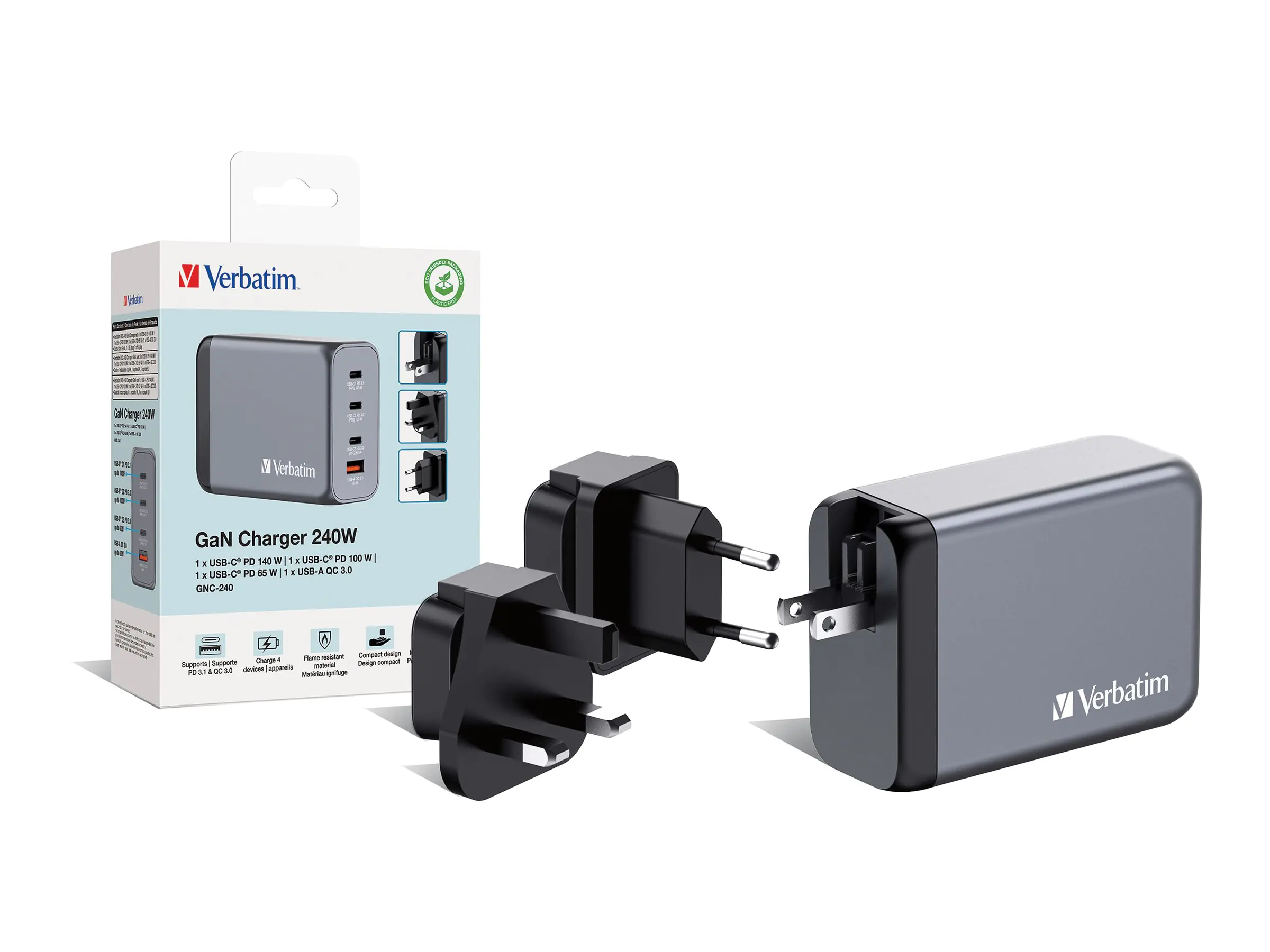 Verbatim - Netzteil - GaN - 240 Watt - 5 A - Power Delivery 3.1, QC 3.0, PD 3.0, PD/PPS - 4 Ausgabeanschlussstellen (3 x USB-C, USB Typ A)
