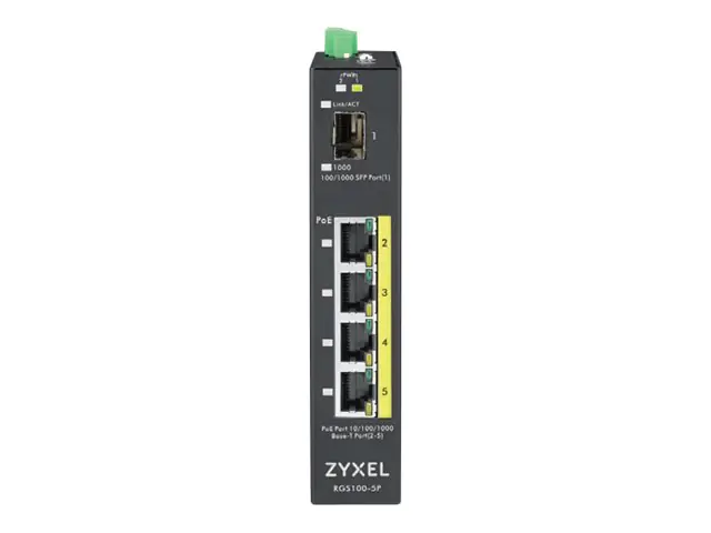 Zyxel RGS100-5P - Switch - unmanaged - 4 x 10/100/1000 (PoE+) + 1 x Fast Ethernet/Gigabit SFP - an Rack montierbar, an DIN-Schiene montierbar - PoE+ (120 W) - Gleichstrom