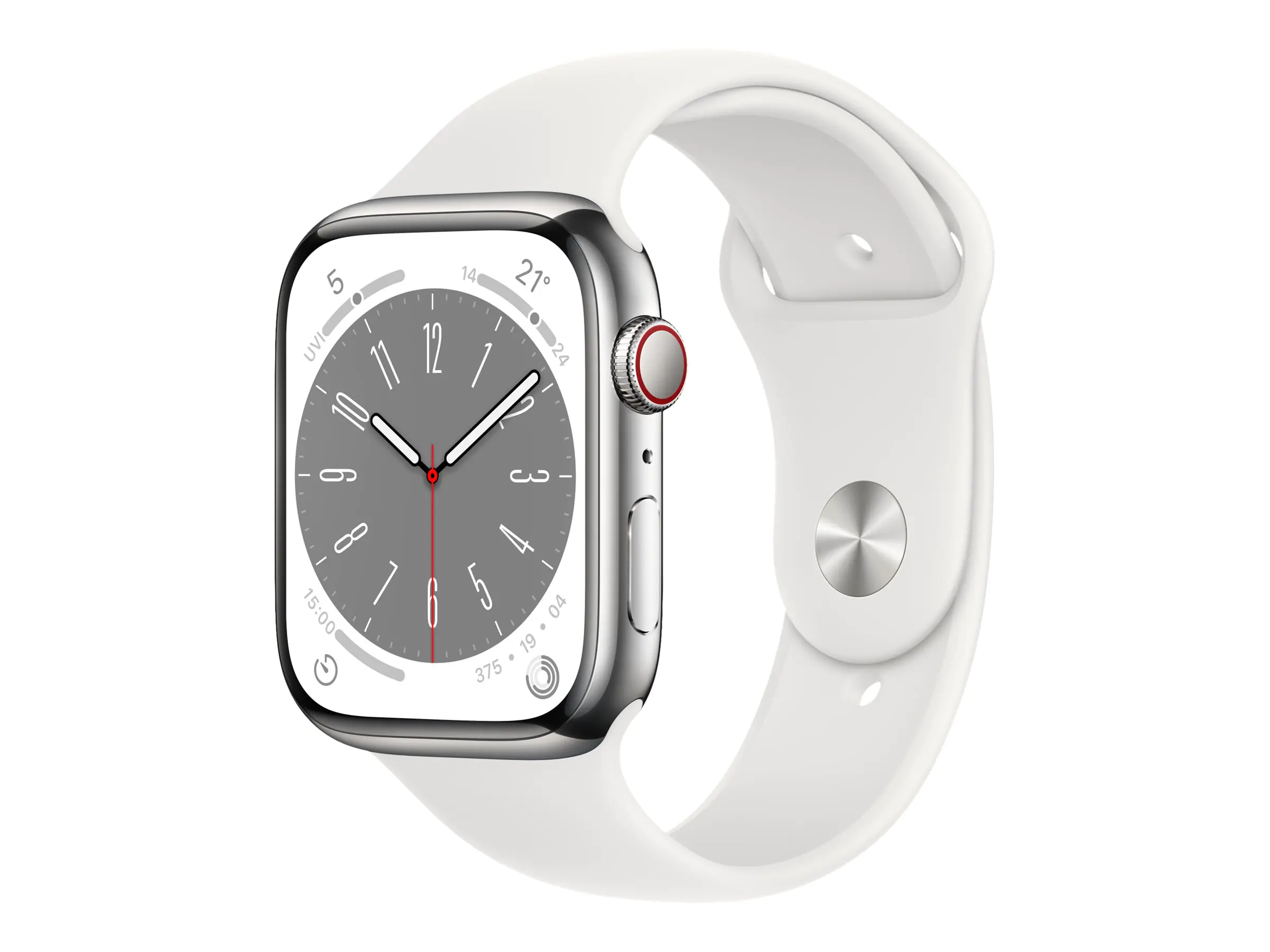 Apple Watch Series 8 (GPS + Cellular) - 45 mm - Silver Edelstahl - intelligente Uhr mit Sportband - Flouroelastomer - weiß - Bandgröße: regelmäßig - 32 GB - Wi-Fi, LTE, Bluetooth, UWB - 4G - 51.5 g