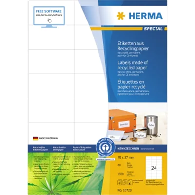 HERMA Universaletikett Recycling 70 x 37 mm (B x H) nicht wieder ablösbar Papier, 100 % recycelt naturweiß 1.920 Etik./Pack. HERMA Universaletikett Recycling 70 x 37 mm (B x H) nicht wieder ablösbar Papier, 100 % recycelt naturweiß 1.920 Etik./Pack.