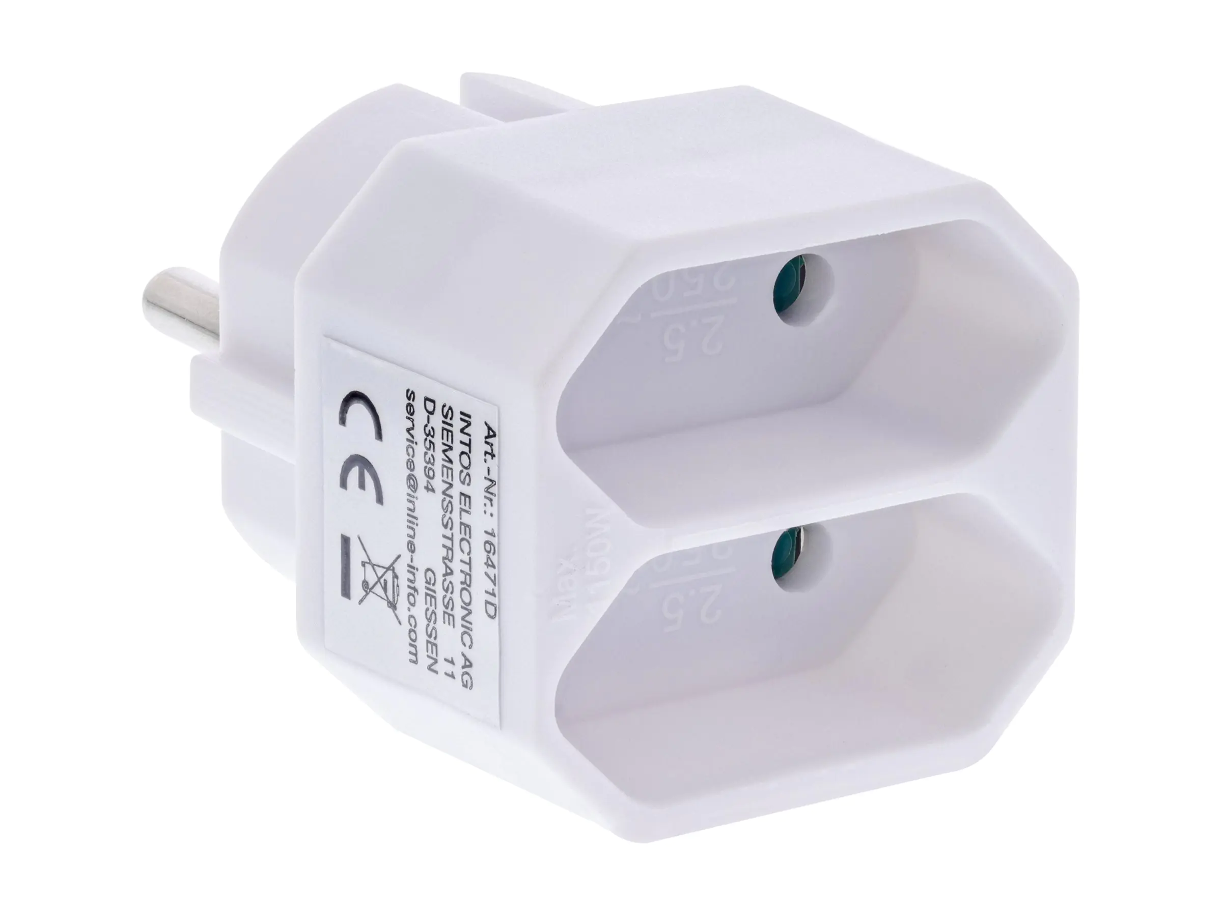 InLine Steckdosenadapter Schutzkontakt Stecker an 2x Eurobuchse weiß
