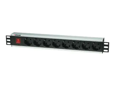 Intellinet 19" Rackmount 8-Way Power Strip - German Type, With On/Off Switch, No Surge Protection - Steckdosenleiste (Rack - einbaufähig) - Wechselstrom 250 V - Ausgangsanschlüsse: 8 - 48.3 cm (19") - 3 m Schnur - Schwarz