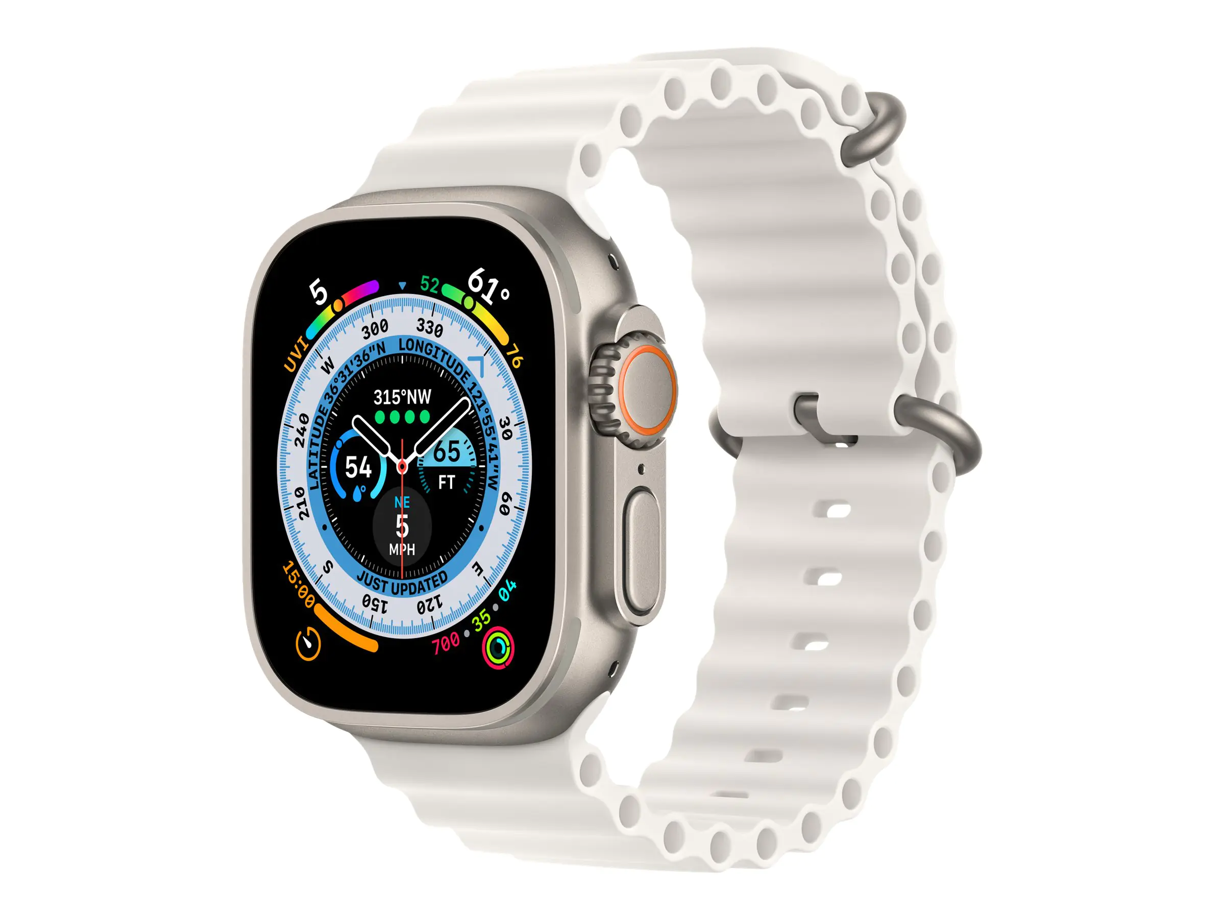 Apple Watch Ultra - 49 mm - Titan - intelligente Uhr mit Ocean band - Flouroelastomer - weiß - Handgelenkgröße: 130-200 mm - 32 GB - Wi-Fi, LTE, UWB, Bluetooth - 4G - 61.3 g