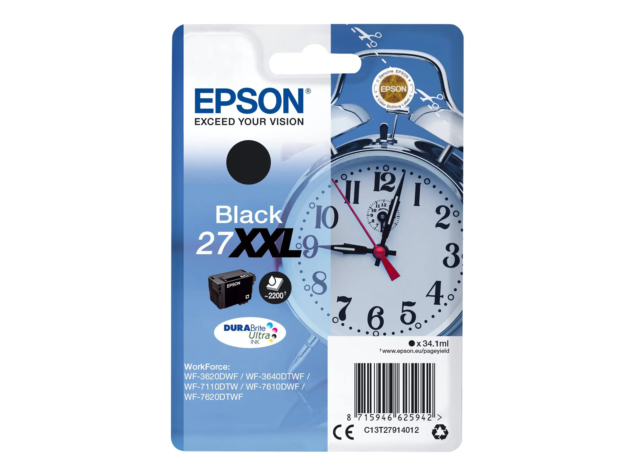 Epson 27XXL - 34.1 ml - XL - Schwarz - Original - Blisterverpackung - Tintenpatrone - für WorkForce WF-3620, WF-3640, WF-7110, WF-7210, WF-7610, WF-7620, WF-7710, WF-7715, WF-7720 Epson 27XXL - 34.1 ml - XL - Schwarz - Original - Blisterverpackung - Tintenpatrone - für WorkForce WF-3620, WF-3640, WF-7110, WF-7210, WF-7610, WF-7620, WF-7710, WF-7715, WF-7720