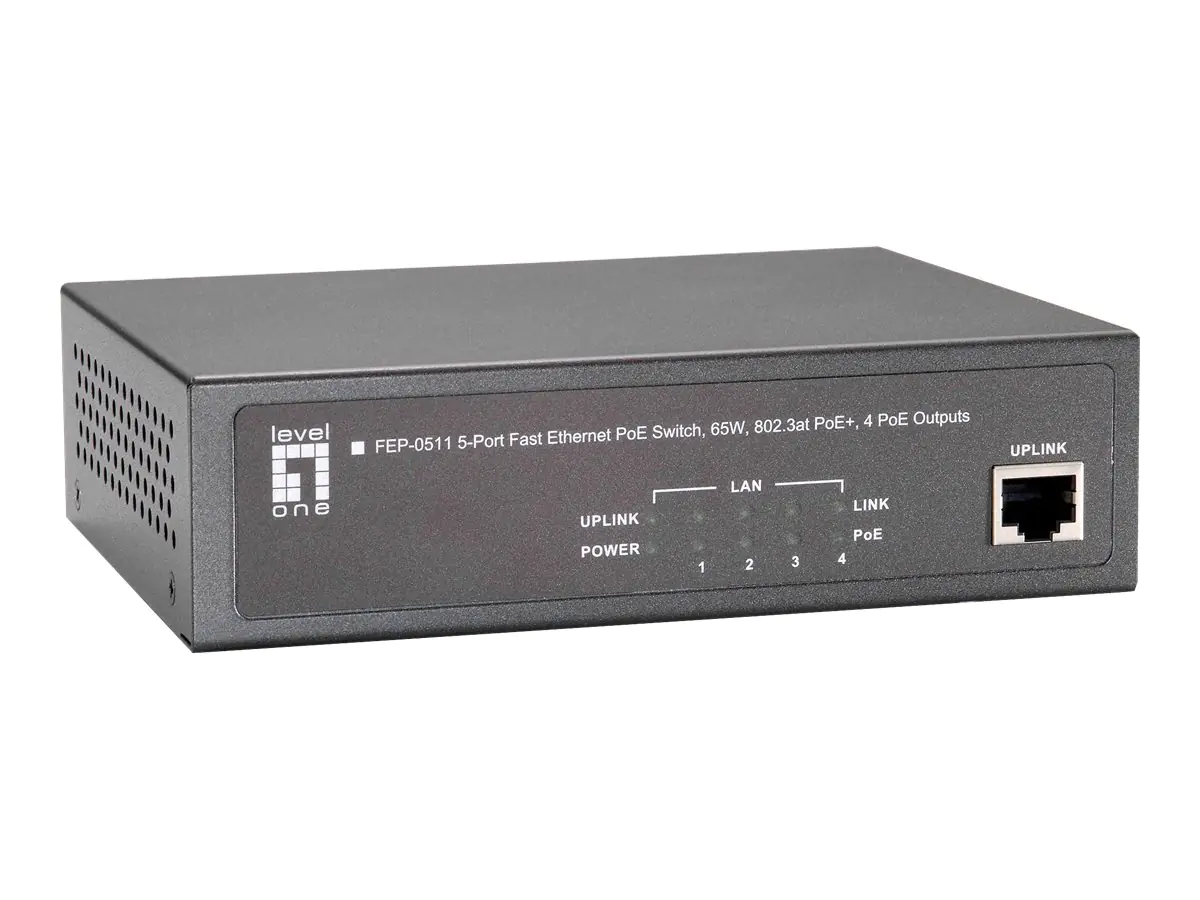 LevelOne FEP-0511W90 - Switch - 4 x 10/100 (PoE+, uplink) + 1 x 10/100 (Uplink) - Desktop - PoE+ (87 W)