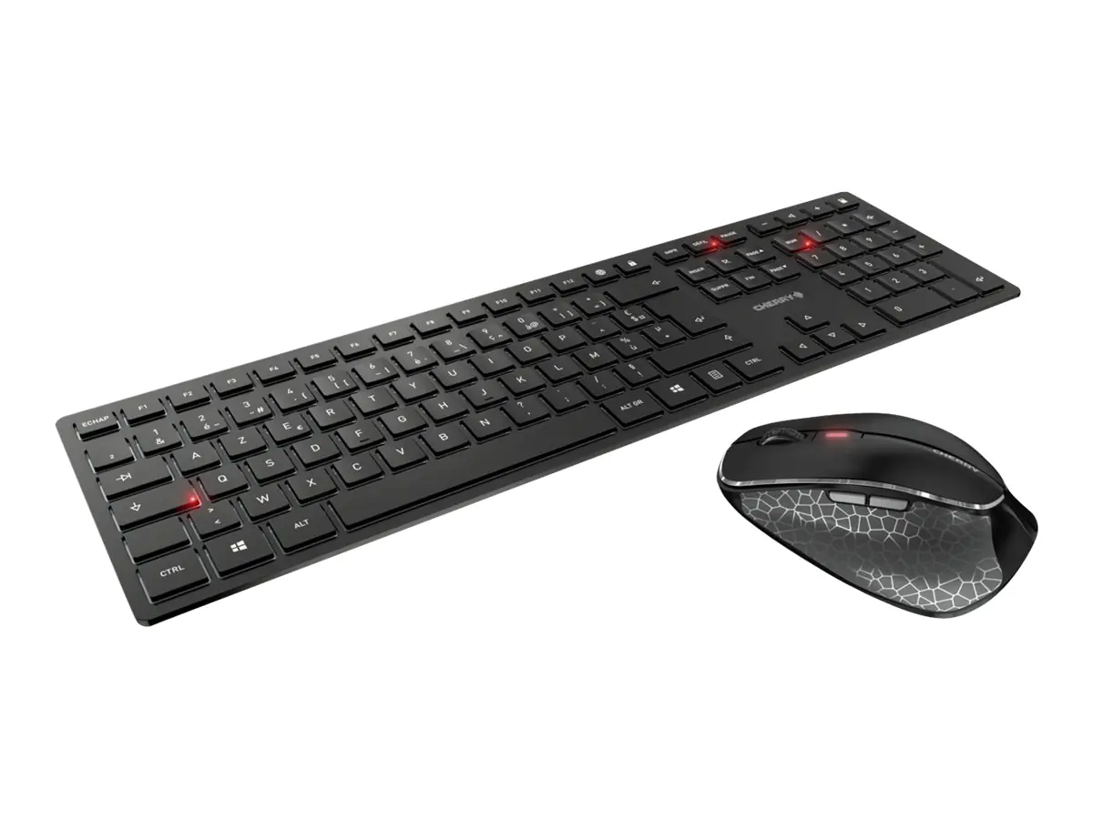 CHERRY DW 9500 SLIM - Tastatur-und-Maus-Set - kabellos - 2.4 GHz, Bluetooth 4.0 - AZERTY - Französisch - Tastenschalter: CHERRY SX - Grau, Schwarz - plastikfreie Verpackung