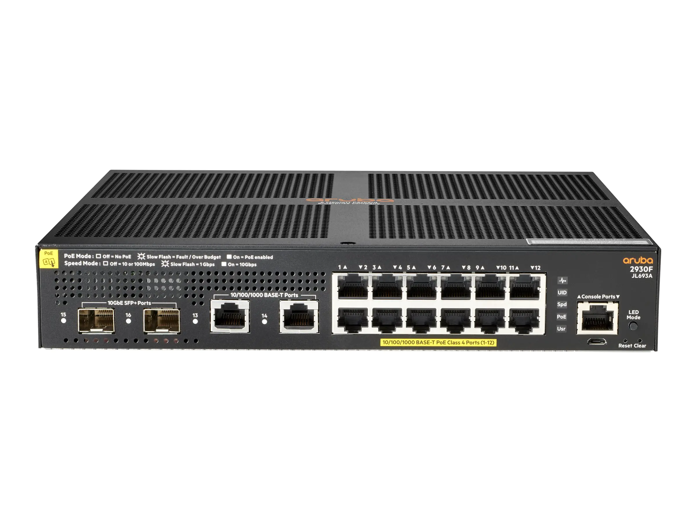 HPE Aruba 2930F 12G PoE+ 2G/2SFP+ - Switch - L3 - managed - 12 x 10/100/1000 (PoE+) + 2 x 1 Gigabit/10 Gigabit SFP+ (Uplink) + 2 x 10/100/1000 - an Rack montierbar - PoE+ (139 W)