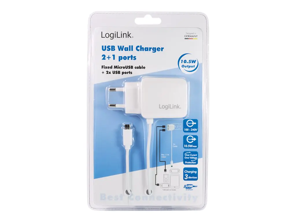 LogiLink Universal Wall USB Charger - Netzteil - 2.1 A - 2 Ausgabeanschlussstellen (USB) - auf Kabel: Micro-USB - weiß