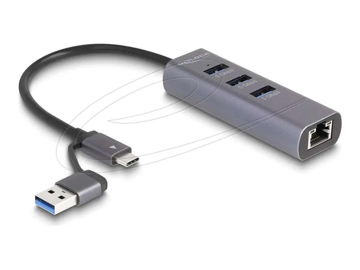 Delock 3 Port USB 5 Gbps Hub+ Gigabit LAN mit Type-C oder Typ-A Anschluss im - Digital/Daten