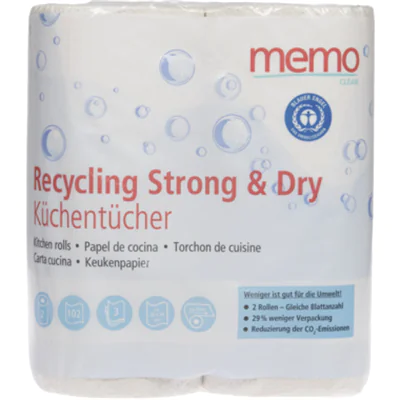 memo Küchenrolle Recycling Strong & Dry 3-lagig Papier, 100 % recycelt weiß 2 Rl./Pack.