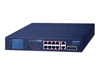 PLANET GSD-1222VHP - Switch - unmanaged - 8 x 10/100/1000 (PoE+) + 2 x 10/100/1000 + 2 x 1000Base-X SFP - Desktop - PoE+ (120 W)
