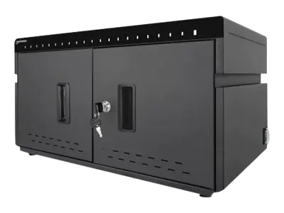 Manhattan Charging Cabinet/Cart via USB-C x20 Devices, Desktop, Power Delivery 18W per port (360W total), Suitable for iPads/other tablets/phones, Bays 264x22x235mm, Device charging cables not included, Silent Ventilation, Lockable (2 keys), EU & UK power