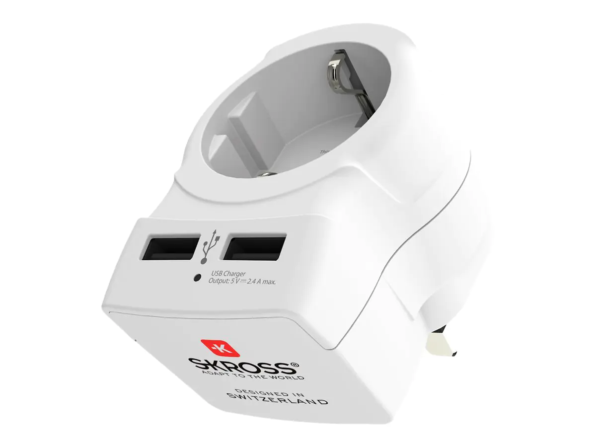 SKROSS Country Travel Adapter Europe to UK USB - Netzteiladapter mit USB-Ladegerät - Typ G (M) zu USB (nur Strom), Type C/F (W) - Wechselstrom 100-250 V - 7 A - weiß - Großbritannien