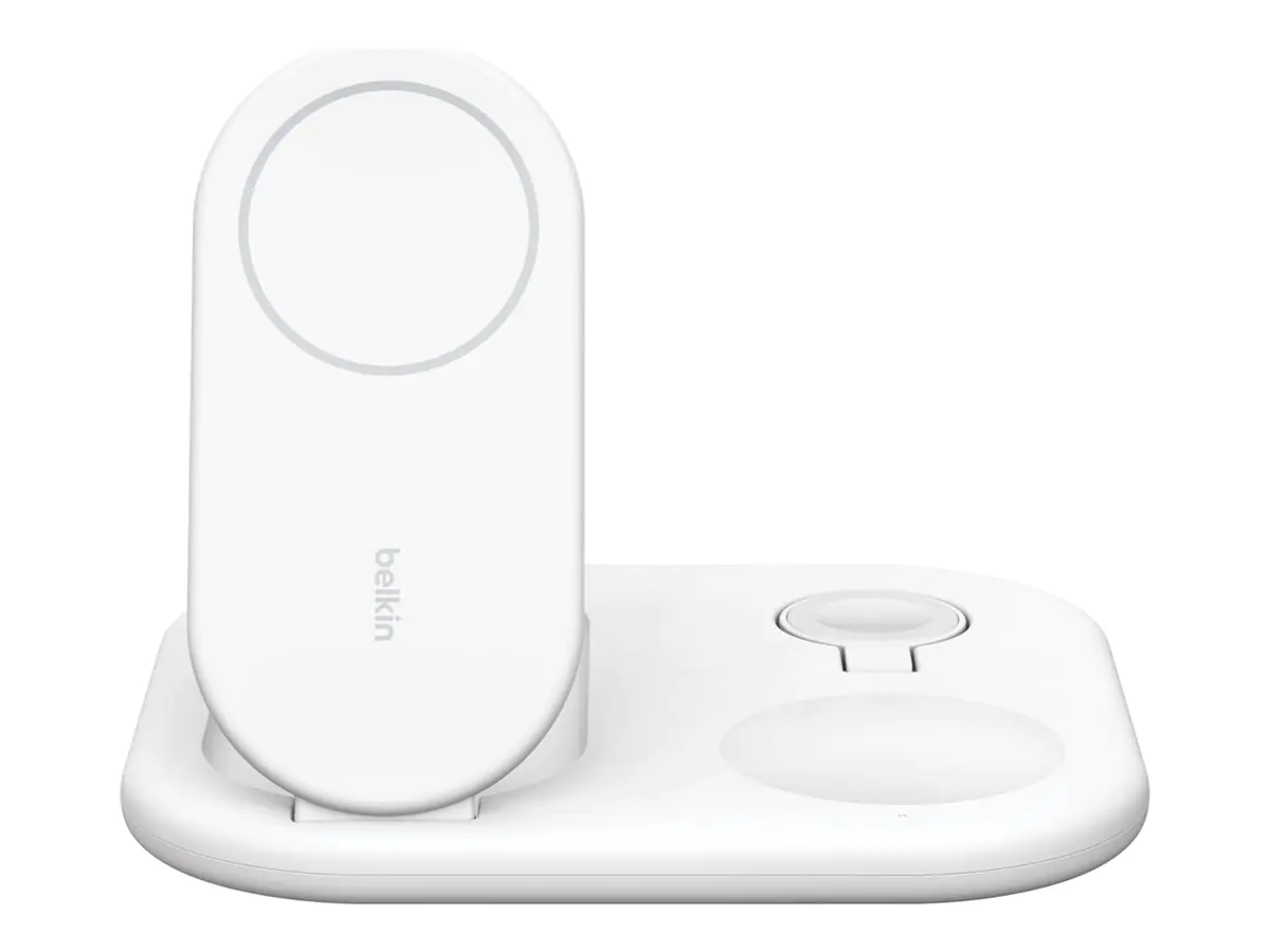 Belkin BoostCharge 3-in-1 - Kabelloses Ladegerät - magnetisch, faltbar, mit Qi2 + AC-Netzteil - 15 Watt - Fast Charge - weiß