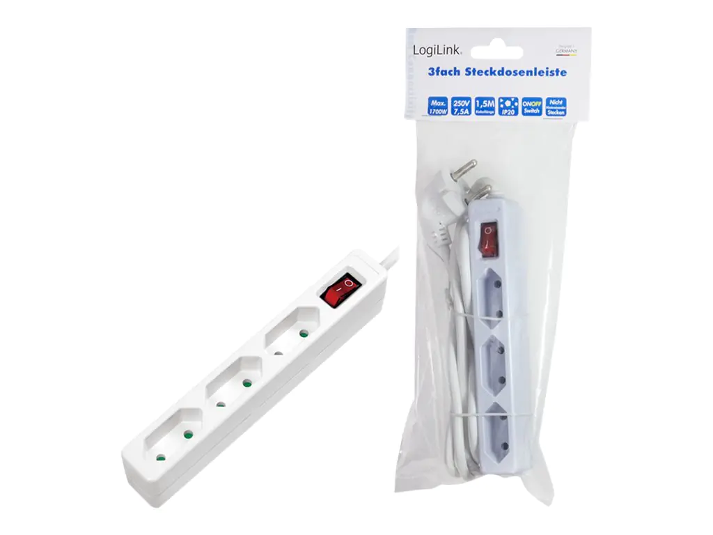 LogiLink - Slim - Steckdosenleiste - Wechselstrom 250 V - 1700 Watt - Ausgangsanschlüsse: 3 (3 x Eurostecker) - 1.5 m Schnur - weiß