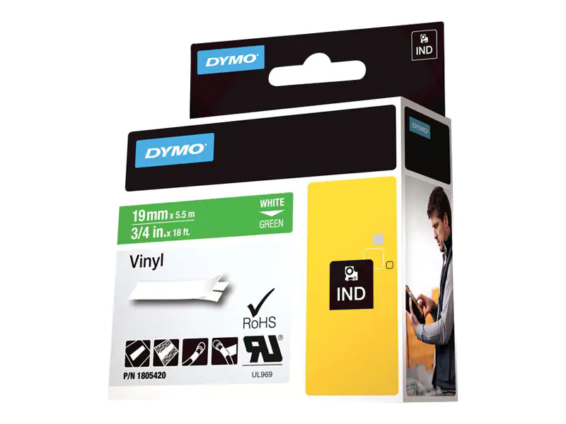 Dymo Rhino Coloured Vinyl - Vinyl - permanenter Klebstoff - weiß auf grün - Roll (1.9 cm x 5.5 m)