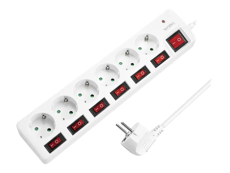LogiLink - Steckdosenleiste - Wechselstrom 250 V - 3680 Watt - Ausgangsanschlüsse: 6 (6 x Leistungs-CEE 7/3) - 1.5 m Schnur - Deutschland - weiß