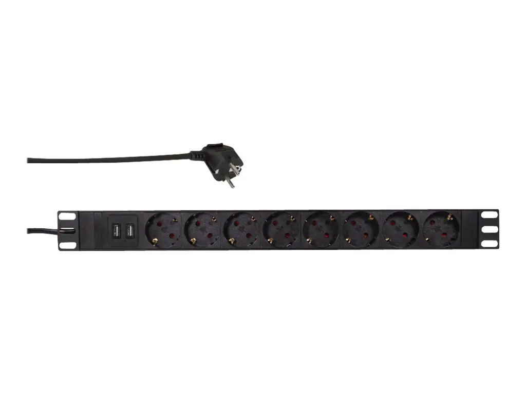 LogiLink - Stromverteilungseinheit (Rack - einbaufähig) - 3500 Watt - Eingabe, Eingang power CEE 7/7 - Ausgangsanschlüsse: 8 (2 x USB, 8 x CEE 7/7) - 1U - 48.3 cm (19") - 2 m Schnur - Deutschland - Schwarz, RAL 9005