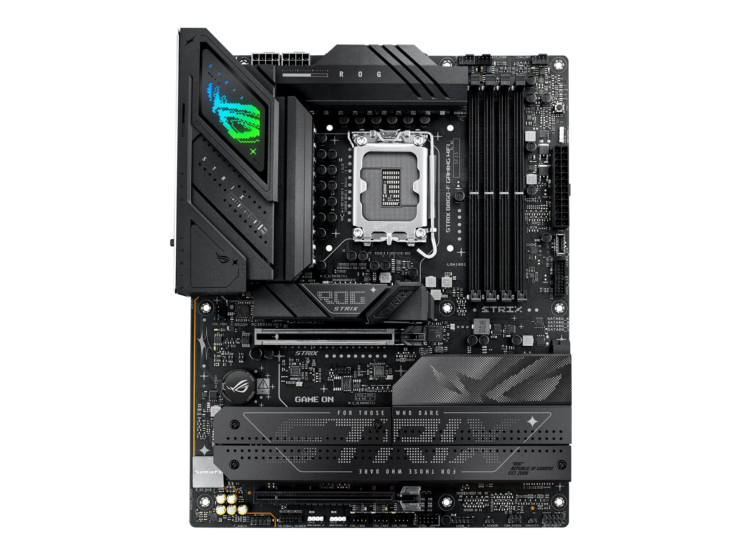 ASUS ROG STRIX B860-F GAMING WIFI - Motherboard - ATX - LGA1851-Sockel - B860 Chipsatz - USB4, USB 3.2 Gen 2, USB-C 3.2 Gen 2x2, USB 3.2 Gen 1 - Wi-Fi 7, 2.5 Gigabit LAN, Bluetooth - Onboard-Grafik (CPU erforderlich) - HD Audio (8-Kanal)