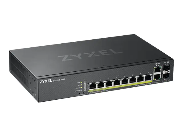 Zyxel GS2220-10HP - Switch - managed - 8 x 10/100/1000 (PoE+) + 2 x Kombi-Gigabit-SFP - an Rack montierbar, wandmontierbar - PoE+ (180 W) Zyxel GS2220-10HP - Switch - managed - 8 x 10/100/1000 (PoE+) + 2 x Kombi-Gigabit-SFP - an Rack montierbar, wandmontierbar - PoE+ (180 W)