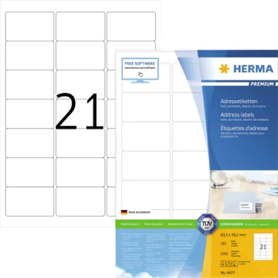 HERMA Etikett PREMIUM 4677 63,5x38,1mm weiß 2.100 St./Pack. HERMA Etikett PREMIUM 4677 63,5x38,1mm weiß 2.100 St./Pack.