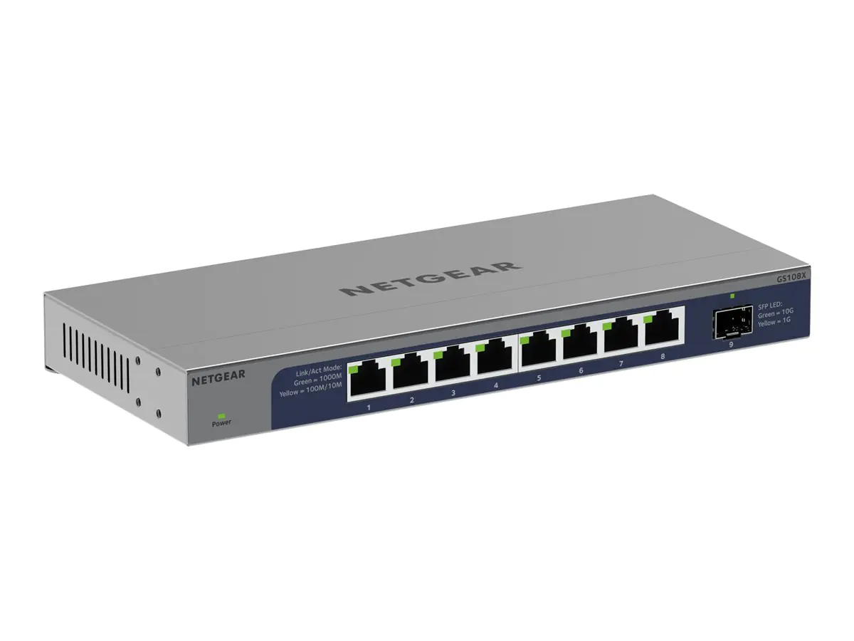 Netgear GS108X - Switch - unmanaged - 8 x 10/100/1000 + 1 x 10 Gb Ethernet SFP+ (Uplink) - Desktop, wandmontierbar Netgear GS108X - Switch - unmanaged - 8 x 10/100/1000 + 1 x 10 Gb Ethernet SFP+ (Uplink) - Desktop, wandmontierbar