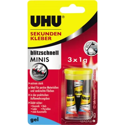UHU Sekundenkleber Minis, Gel, RoHS, REACH, CE, Sichtverpackung, 3 Stück(e), China 45370
