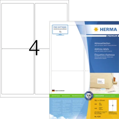 HERMA Etikett PREMIUM 4250 99,1x139,0mm 100Bl 400 St./Pack. HERMA Etikett PREMIUM 4250 99,1x139,0mm 100Bl 400 St./Pack.