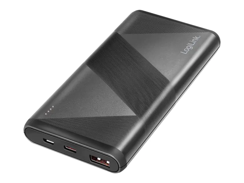 LogiLink - Powerbank - 2-in-1-Kabel - 10000 mAh - 18 Watt - 3 A - PD 2.0, QC 3.0 - 2 Ausgabeanschlussstellen (USB, 24 pin USB-C) - auf Kabel: Micro-USB Typ B/USB-C - Schwarz