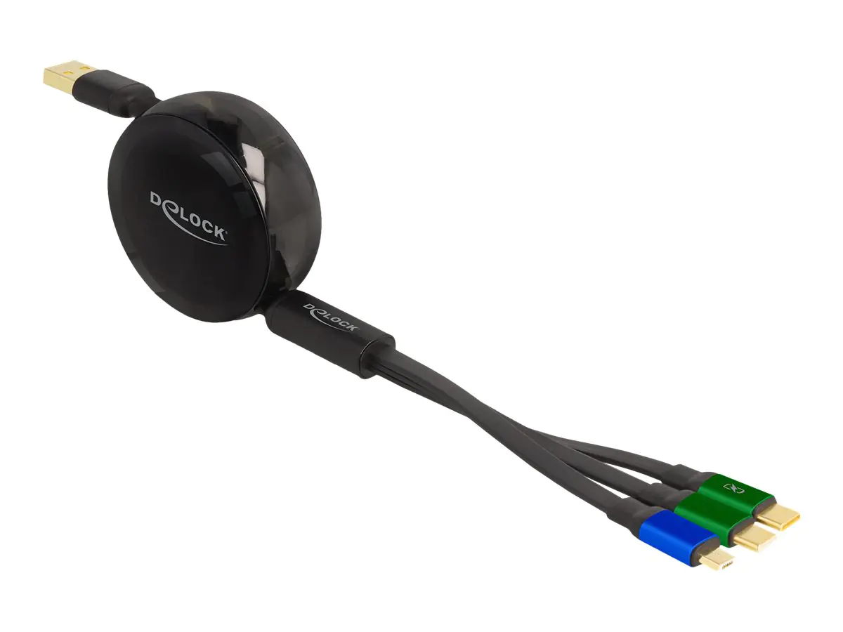 Delock - USB-Kabel - USB (M) zu Micro-USB Typ B, 24 pin USB-C (M) - USB 2.0 - 10 V - 3 A - 1.13 m - einziehbar, flach, bis zu 480 Mbps - Schwarz
