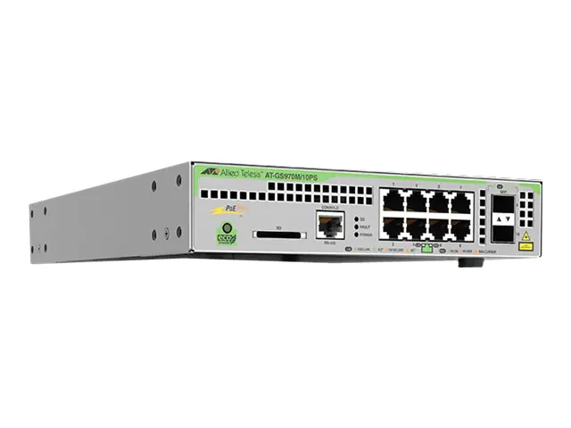 Allied Telesis CentreCOM AT-GS970M/10PS - Switch - L3 - managed - 8 x 10/100/1000 (PoE+) + 2 x SFP (mini-GBIC) (Uplink) - Desktop - PoE+ (124 W)