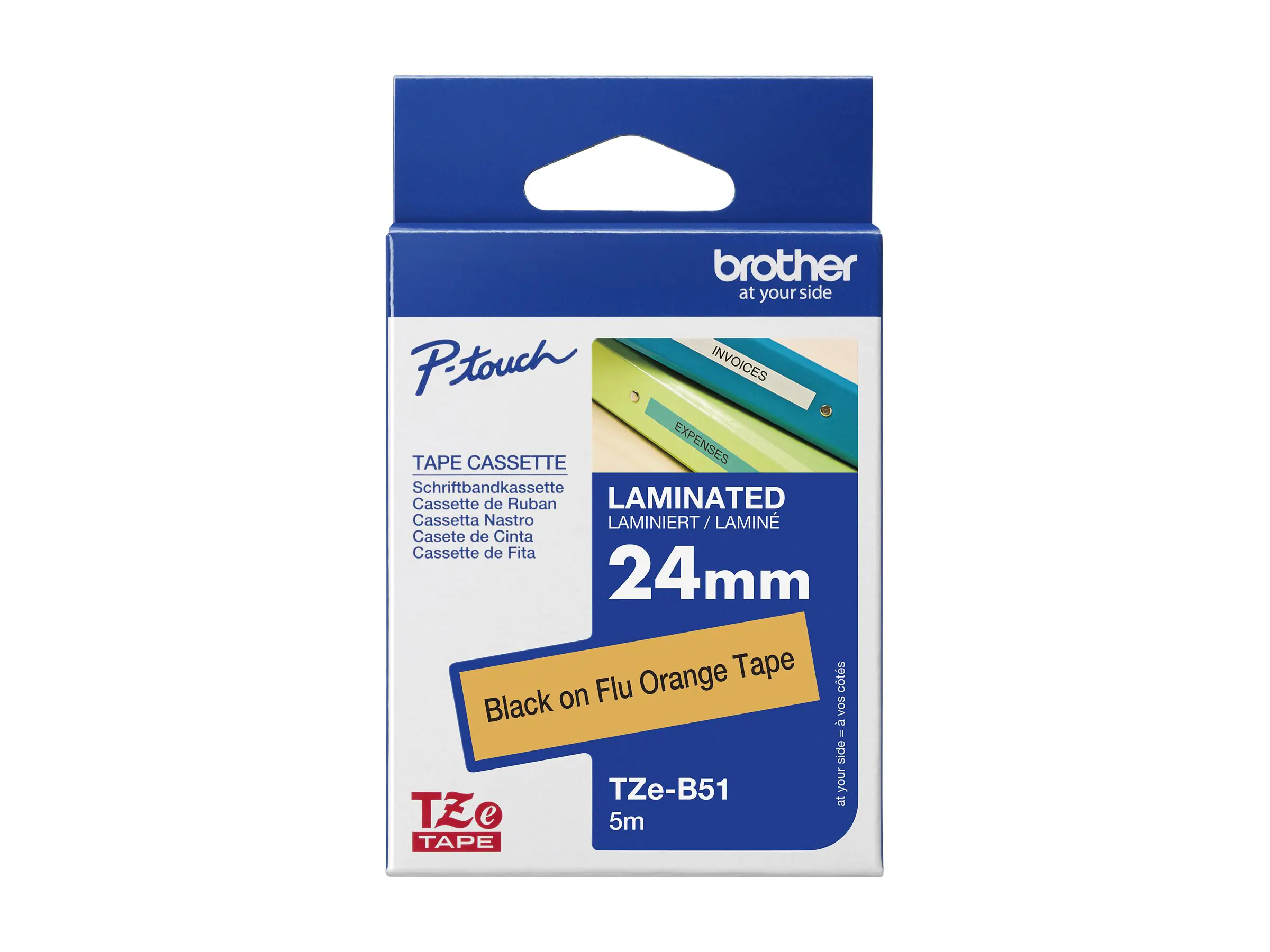 Brother TZe-B51 - Standard-Klebstoff - schwarz auf fluoreszierendem orange - Rolle (2,4 cm x 5 m)