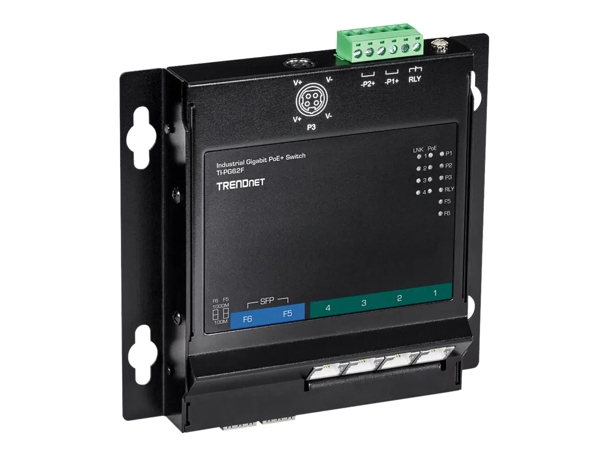 TRENDnet TI-PG62F - Switch - unmanaged - 4 x 10/100/1000 (PoE+) + 2 x Gigabit SFP - an DIN-Schiene montierbar, wandmontierbar - PoE+ (120 W) - TAA-konform