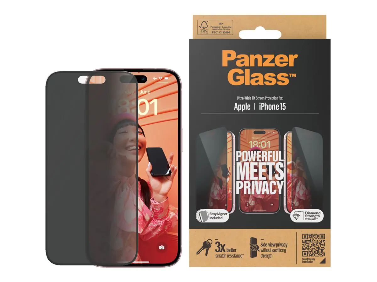PanzerGlass - Bildschirmschutz für Handy - ultrabreite Passform mit EasyAligner - Glas - mit Sichtschutzfilter - Rahmenfarbe schwarz - für Apple iPhone 15