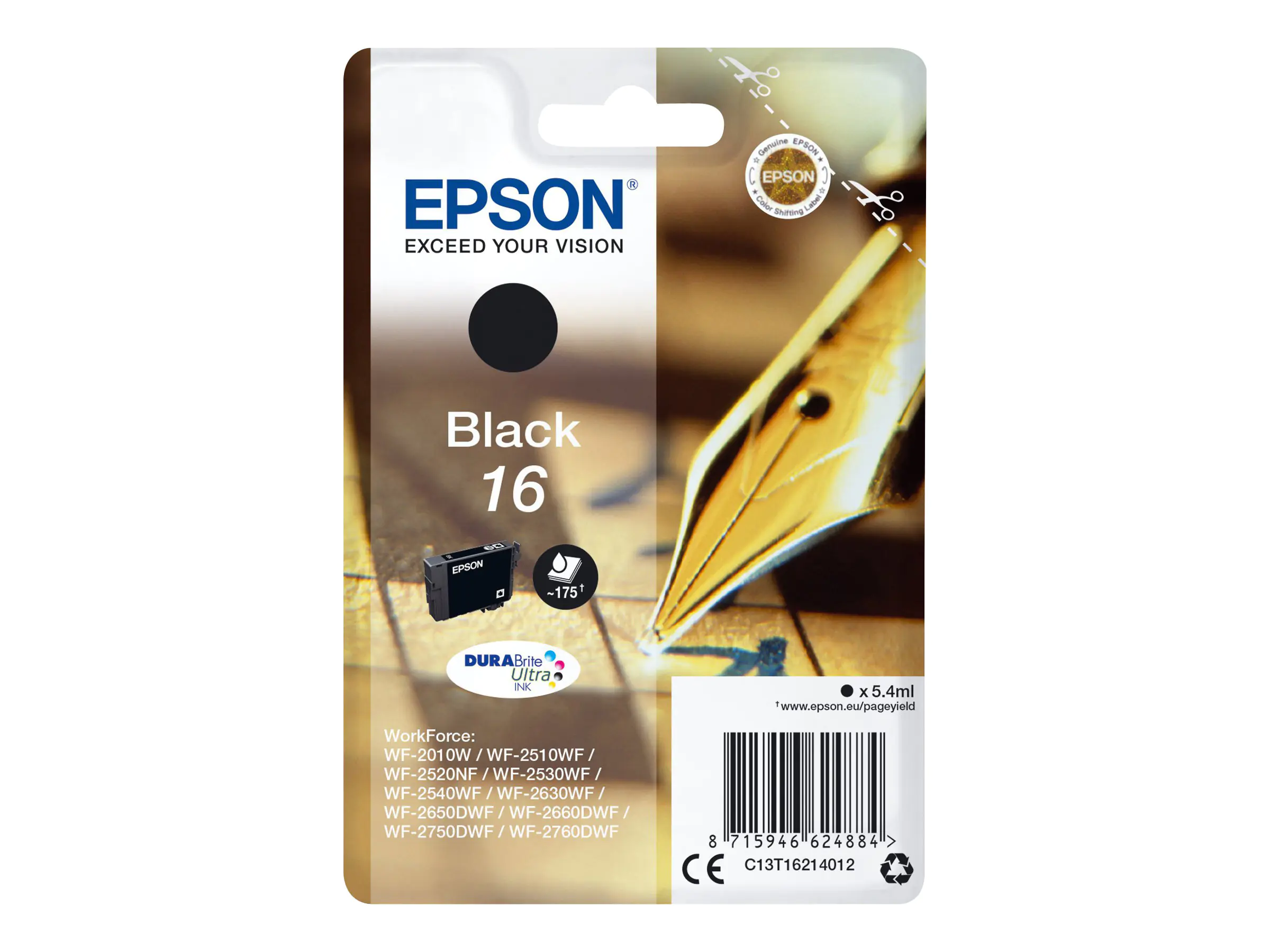 Epson 16 - 5.4 ml - Schwarz - Original - Blisterverpackung - Tintenpatrone - für WorkForce WF-2010, 2510, 2520, 2530, 2540, 2630, 2650, 2660, 2750, 2760 Epson 16 - 5.4 ml - Schwarz - Original - Blisterverpackung - Tintenpatrone - für WorkForce WF-2010, 2510, 2520, 2530, 2540, 2630, 2650, 2660, 2750, 2760