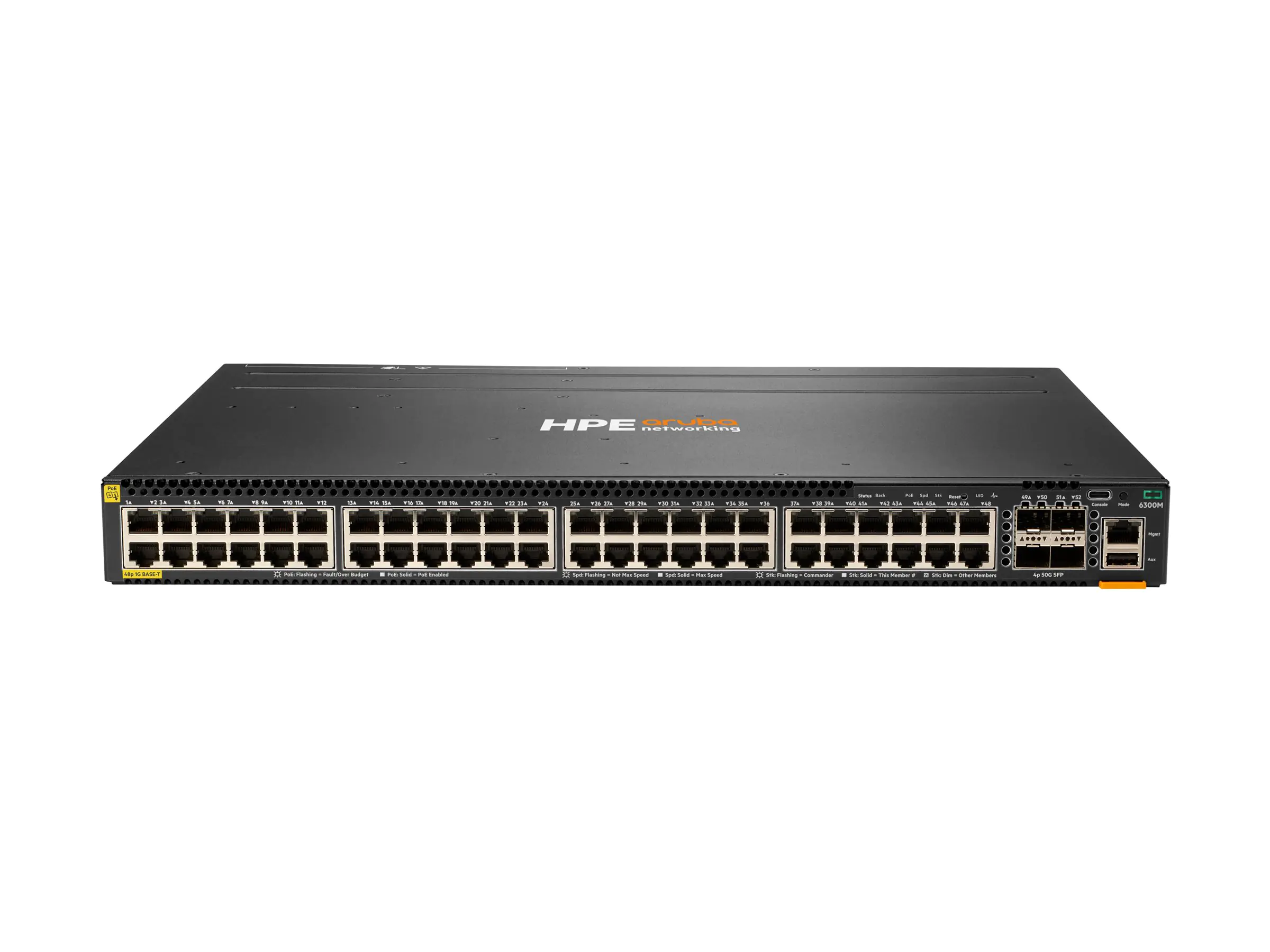 HPE Aruba 6300M - Switch - L3 - managed - 48 x 10/100/1000 (PoE+) + 4 x 1 Gigabit / 10 Gigabit / 25 Gigabit / 50 Gigabit SFP56 (Uplink / Stacking) - Front und Seite zu Hinterseite - an Rack montierbar - PoE+ (1440 W)