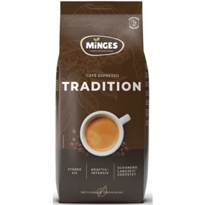 Minges Espresso Tradition kräftig, intensiv ganze Bohne 1.000 g/Pack. Minges Espresso Tradition kräftig, intensiv ganze Bohne 1.000 g/Pack.