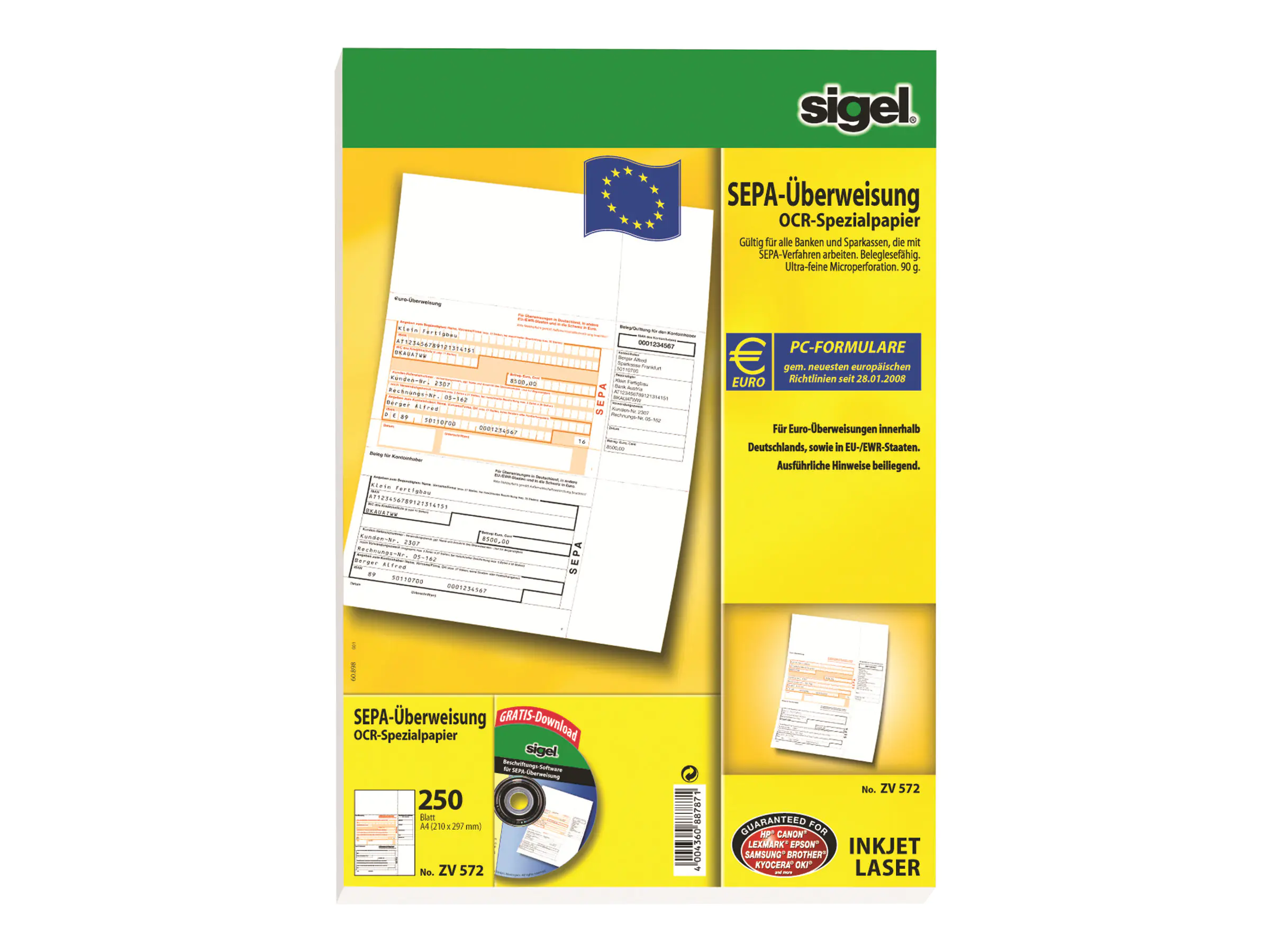 Sigel SEPA-Überweisungsformular - 250 Blatt - A4 (210 x 297 mm) ZV572