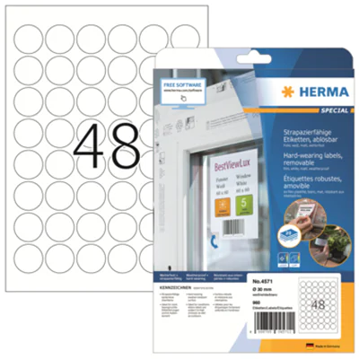 HERMA Folienetikett 4571 rund 30mm weiß 960 St./Pack. HERMA Folienetikett 4571 rund 30mm weiß 960 St./Pack.