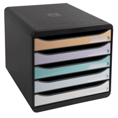 Exacompta Schubladenbox BIG-BOX plus 5 Schubladen DIN A4, Überbreite Polystyrol Gehäusefarbe: schwarz Farbe der Schublade: schwarz/pastellfarbig Exacompta Schubladenbox BIG-BOX plus 5 Schubladen DIN A4, Überbreite Polystyrol Gehäusefarbe: schwarz Farbe der Schublade: schwarz/pastellfarbig