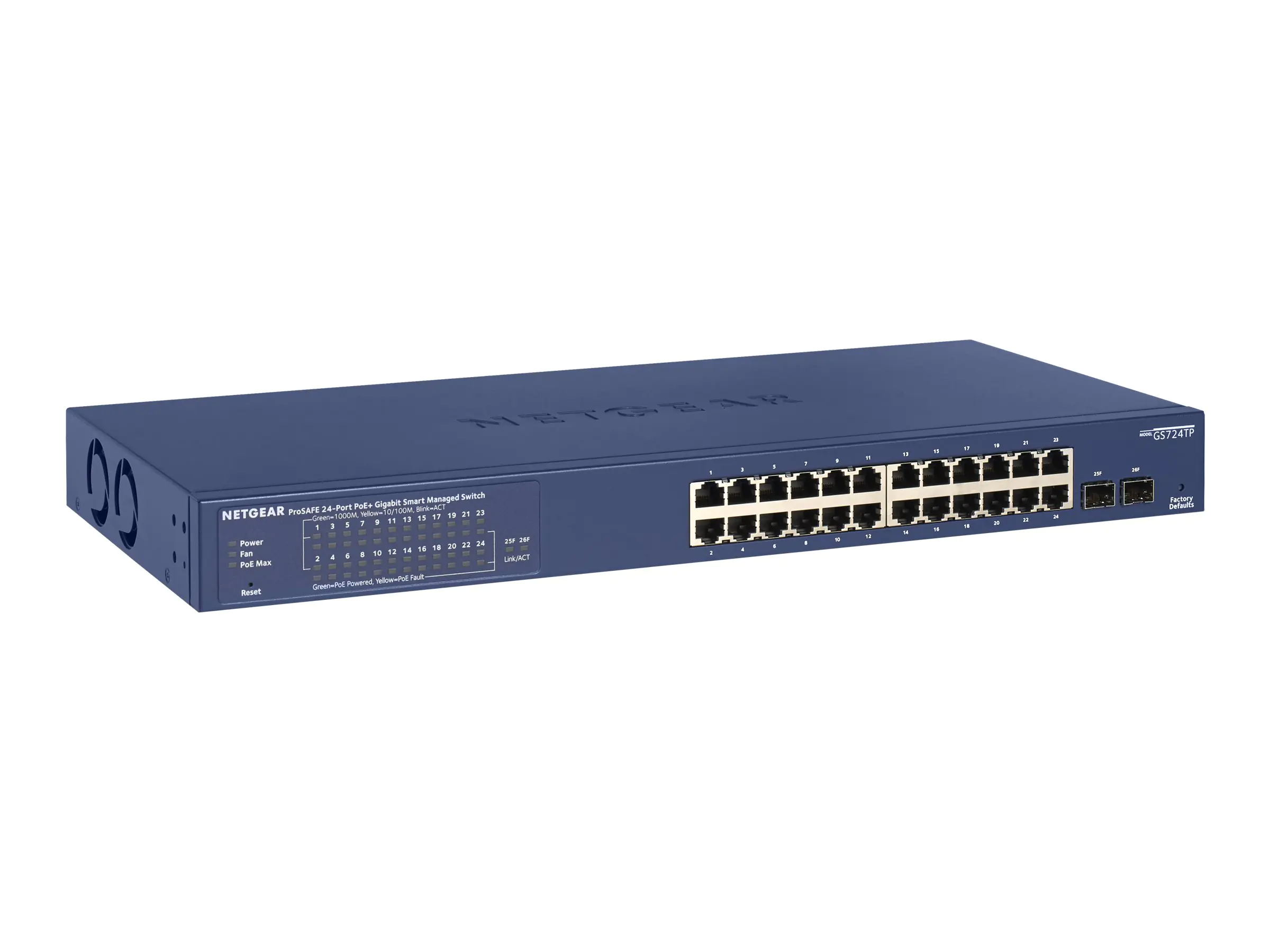 NETGEAR Smart GS724TPv2 - Switch - Smart - 24 x 10/100/1000 (PoE+) + 2 x 1000Base-X SFP (Uplink) - an Rack montierbar - PoE+ (190 W)
